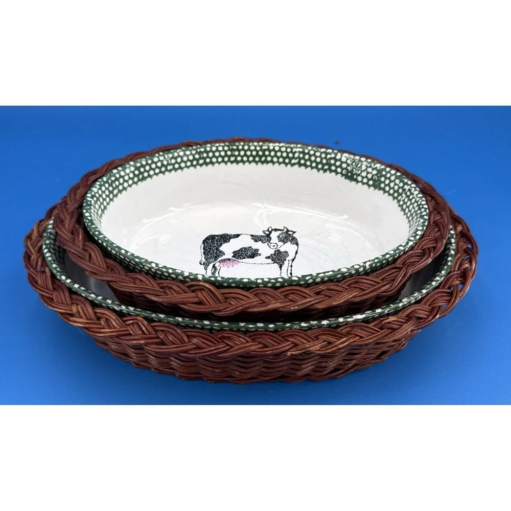 Vtg Teamson Baking Casserole Dish Oval Bowl Cow Art Farm Country 1995 W/baskets